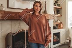 Woman in sweatshirt by fireplace mockup Product Image 1