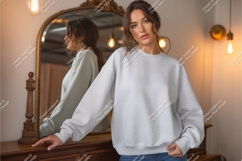 Woman in sweatshirt near mirror mockup Product Image 1