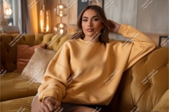 Woman in yellow sweatshirt on couch mockup Product Image 1