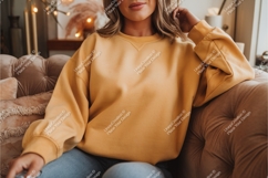 Woman in yellow sweatshirt on couch mockup Product Image 1