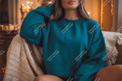 Woman in a teal sweatshirt mockup Product Image 1