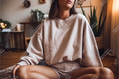 Woman in beige sweatshirt indoors mockup Product Image 1