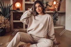 Woman in beige sweatshirt on floor mockup Product Image 1