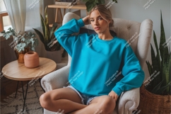 Woman in blue sweatshirt sitting mockup Product Image 1