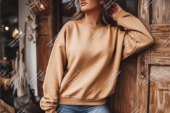 Woman in tan sweatshirt leaning mockup Product Image 1