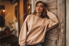 Woman in beige sweatshirt leaning mockup Product Image 1