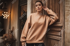 Woman in brown sweatshirt leaning mockup Product Image 1
