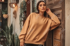 Woman in mustard sweatshirt leaning mockup Product Image 1