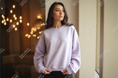Woman in lavender sweatshirt mockup Product Image 1