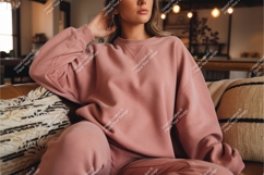 Woman relaxing in pink sweatshirt mockup Product Image 1