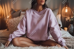 Woman in lilac sweatshirt on bed mockup Product Image 1