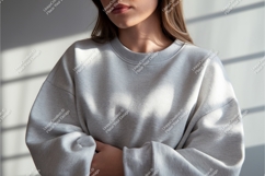 Woman in gray sweatshirt indoor mockup Product Image 1