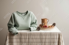 Green sweatshirt on table mockup Product Image 1