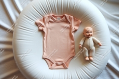 Pink baby bodysuit with doll on cushion mockup Product Image 1
