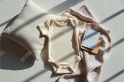 Beige baby onesie with wooden rattle mockup Product Image 1