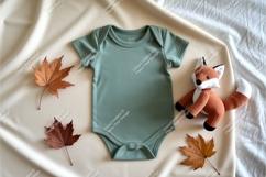 Beige baby bodysuit with leaves mockup Product Image 1