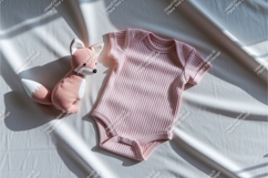 Pink baby onesie with fox toy mockup Product Image 1