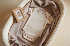 Beige baby bodysuit in a basket mockup Product Image 1