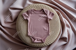 Pink baby bodysuit on wicker prop mockup Product Image 1