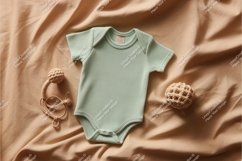 Beige baby onesie in wooden crib mockup Product Image 1
