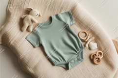Sage baby onesie with bunny and toys mockup Product Image 1