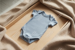 Baby blue onesie on wooden frame mockup Product Image 1