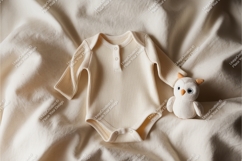 Beige baby onesie with owl toy mockup Product Image 1
