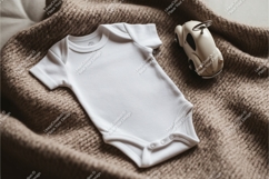 White baby onesie on brown blanket mockup Product Image 1
