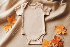 Beige baby bodysuit with autumn leaves mockup Product Image 1