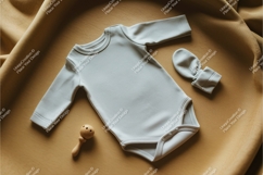 White baby onesie with mitten and rattle mockup Product Image 1