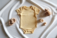 Yellow baby onesie with wooden toys mockup Product Image 1