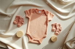 Peach baby bodysuit with socks and lids mockup Product Image 1