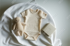 Beige baby bodysuit with toy and box mockup Product Image 1