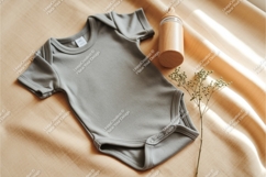 A gray baby onesie on beige fabric mockup Product Image 1