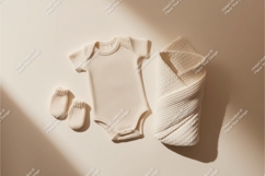 White baby bodysuit with blanket and mittens mockup Product Image 1