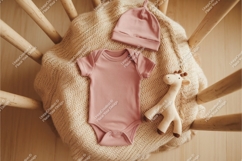Rose baby bodysuit with hat and toy mockup Product Image 1
