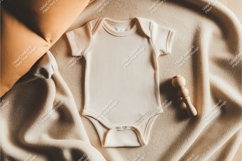Beige baby bodysuit with wooden rattle mockup Product Image 1