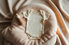Beige baby bodysuit with wooden rattle mockup Product Image 1