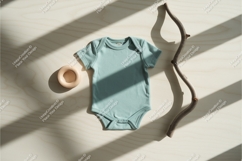 Beige baby bodysuit with wooden rattle mockup Product Image 1