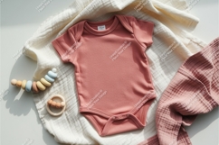Green baby onesie with wooden toy mockup Product Image 1