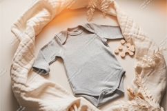 Gray baby bodysuit with blanket and toy mockup Product Image 1