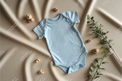 Baby blue onesie on a beige backdrop mockup Product Image 1