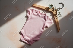 Pink baby onesie with wooden hanger mockup Product Image 1