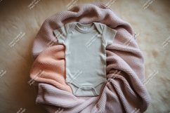 Neutral baby bodysuit on pink blanket mockup Product Image 1