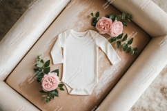 White baby bodysuit with pink roses mockup Product Image 1