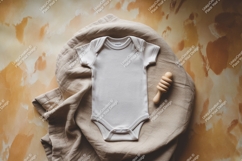Beige baby onesie with wooden rattle mockup Product Image 1
