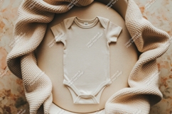 Beige baby onesie with knitted blanket mockup Product Image 1