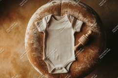 Baby onesie with wooden toy on bread mockup Product Image 1