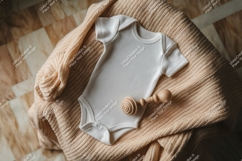 Baby bodysuit and rattle on blanket mockup Product Image 1
