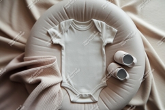 Baby bodysuit and blanket on cushion mockup Product Image 1